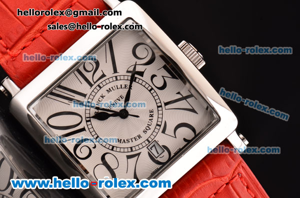 Franck Muller Master Square Swiss Quartz Steel Case with White Dial Numeral Marekrs and Red Leather Strap - Click Image to Close